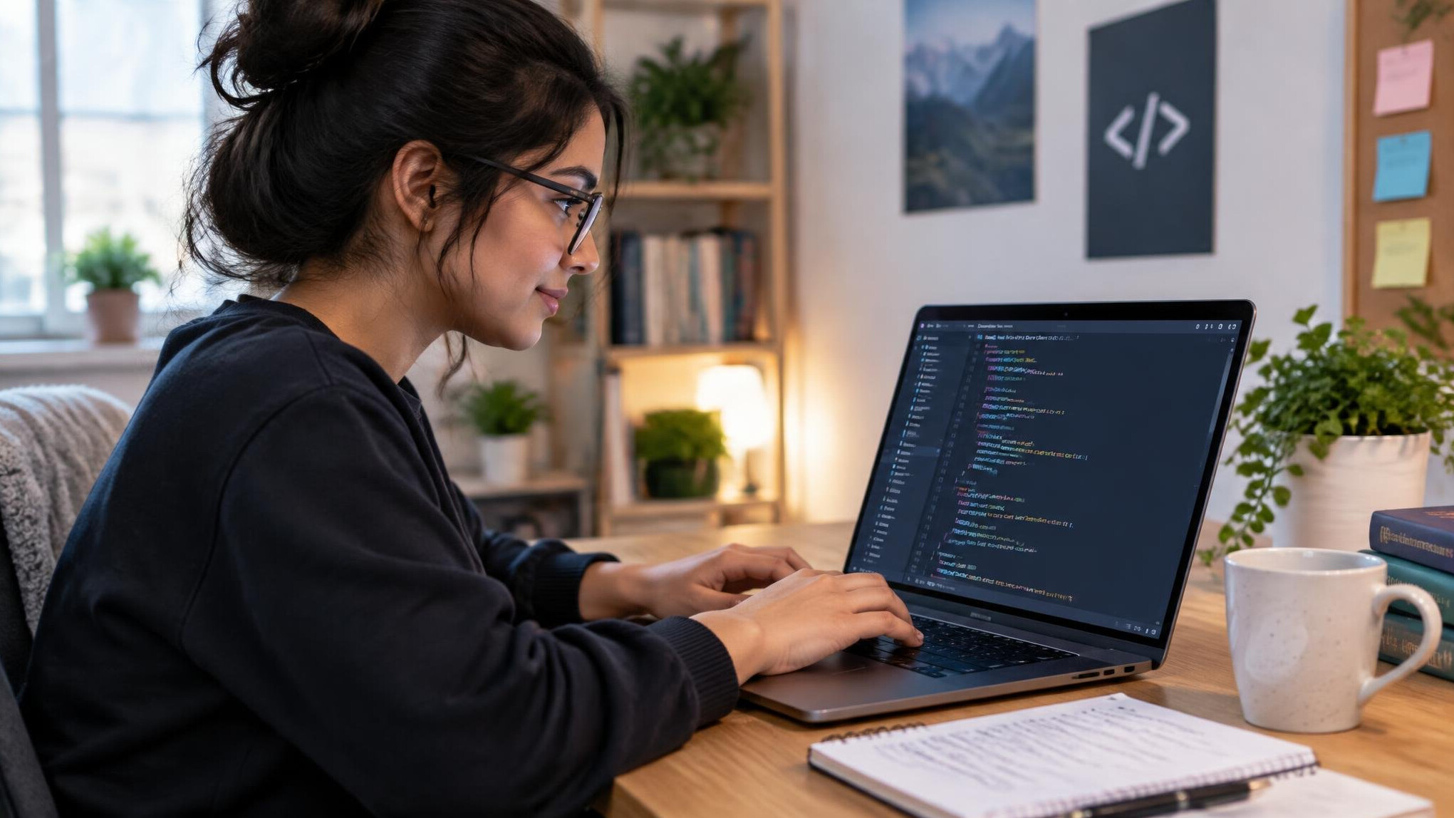 woman coding on laptop