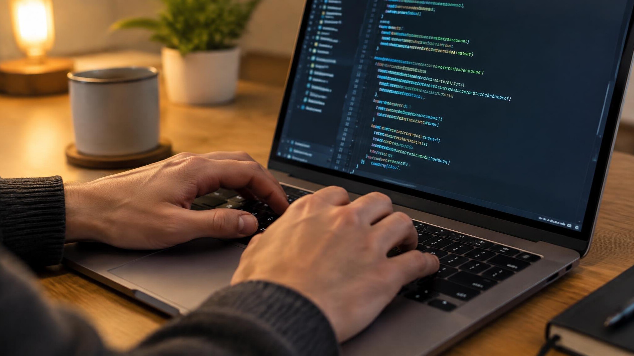 Hands typing on a laptop keyboard with code on screen