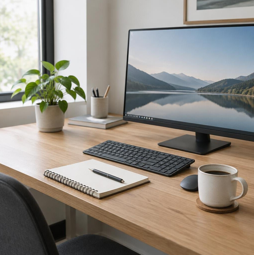 Minimal desk workspace with monitor, keyboard and notebook