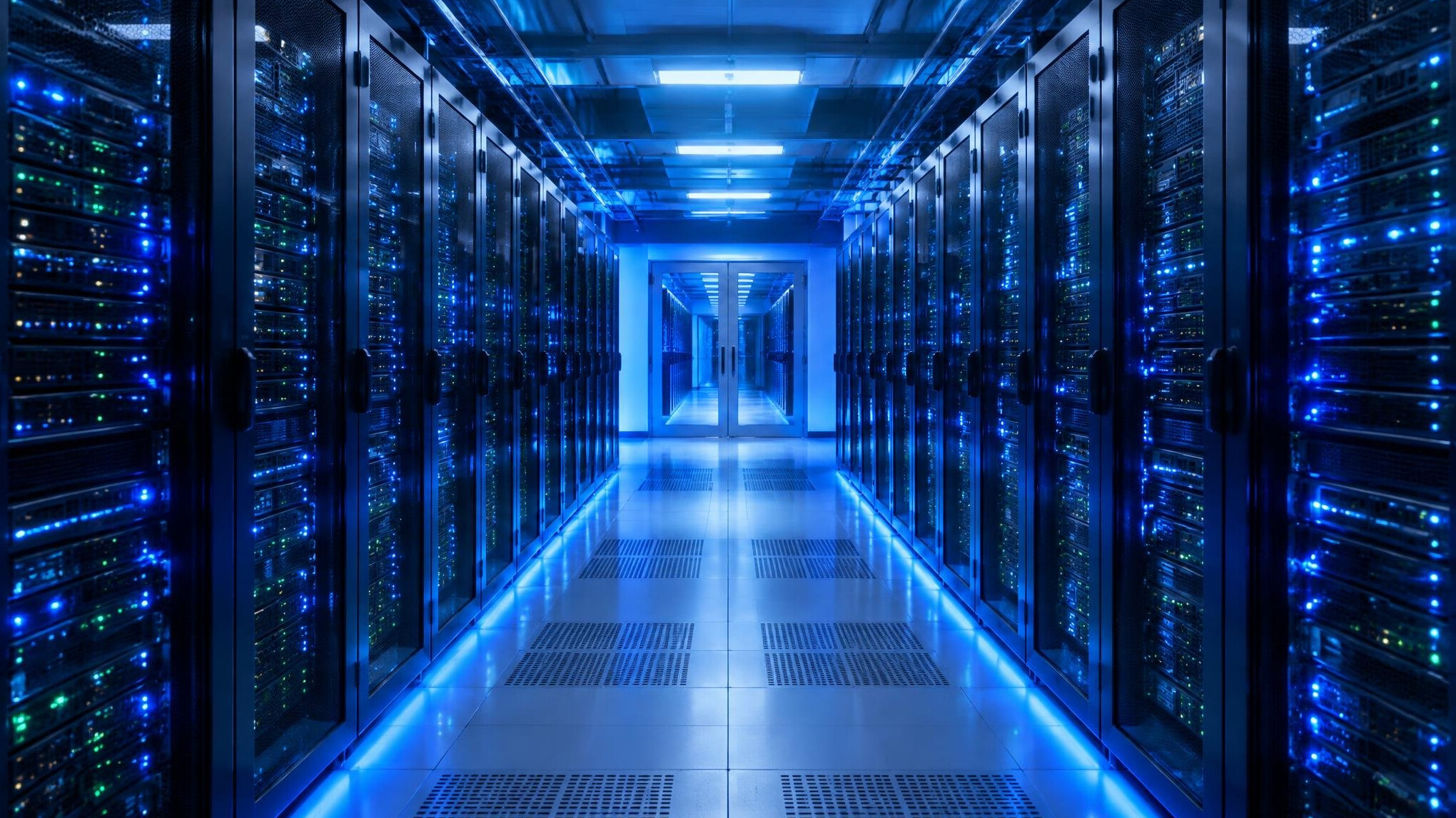 Rows of server racks in a data center