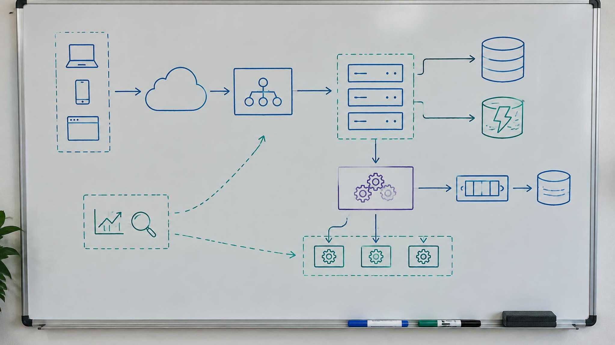 Whiteboard covered with diagrams and sketches
