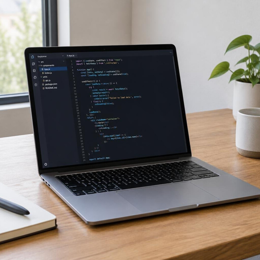Laptop screen showing programming code on a desk