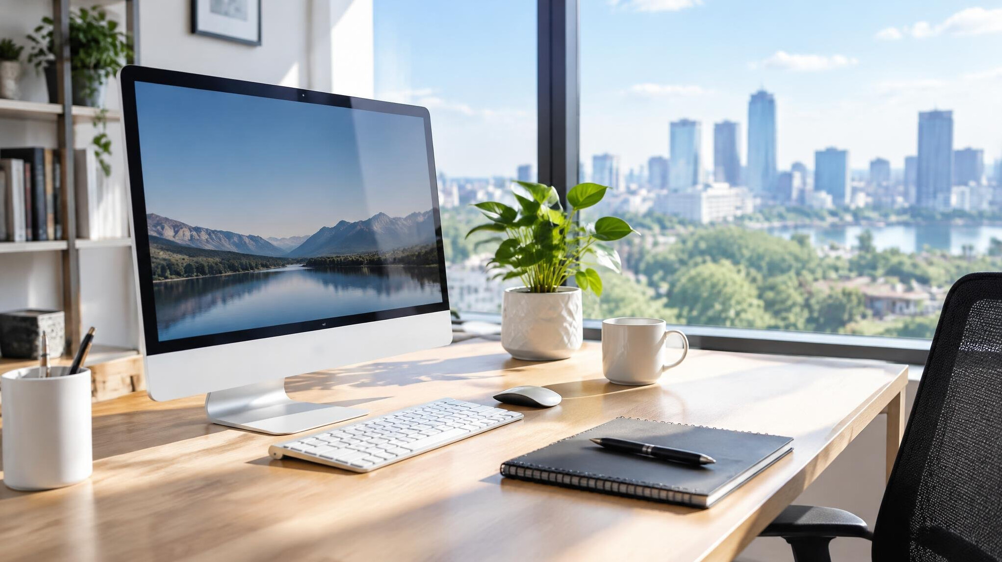 Bright modern office desk with a computer and plant