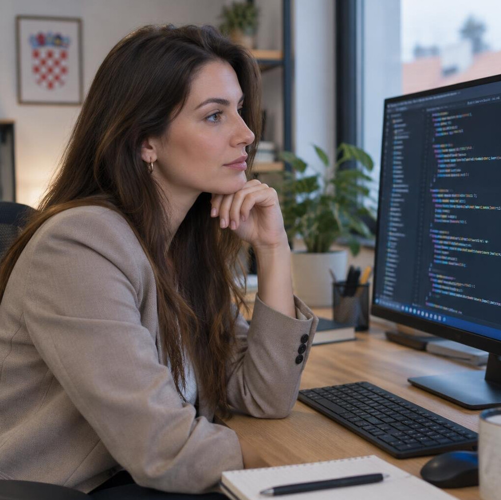 Woman looking thoughtfully at a computer screen