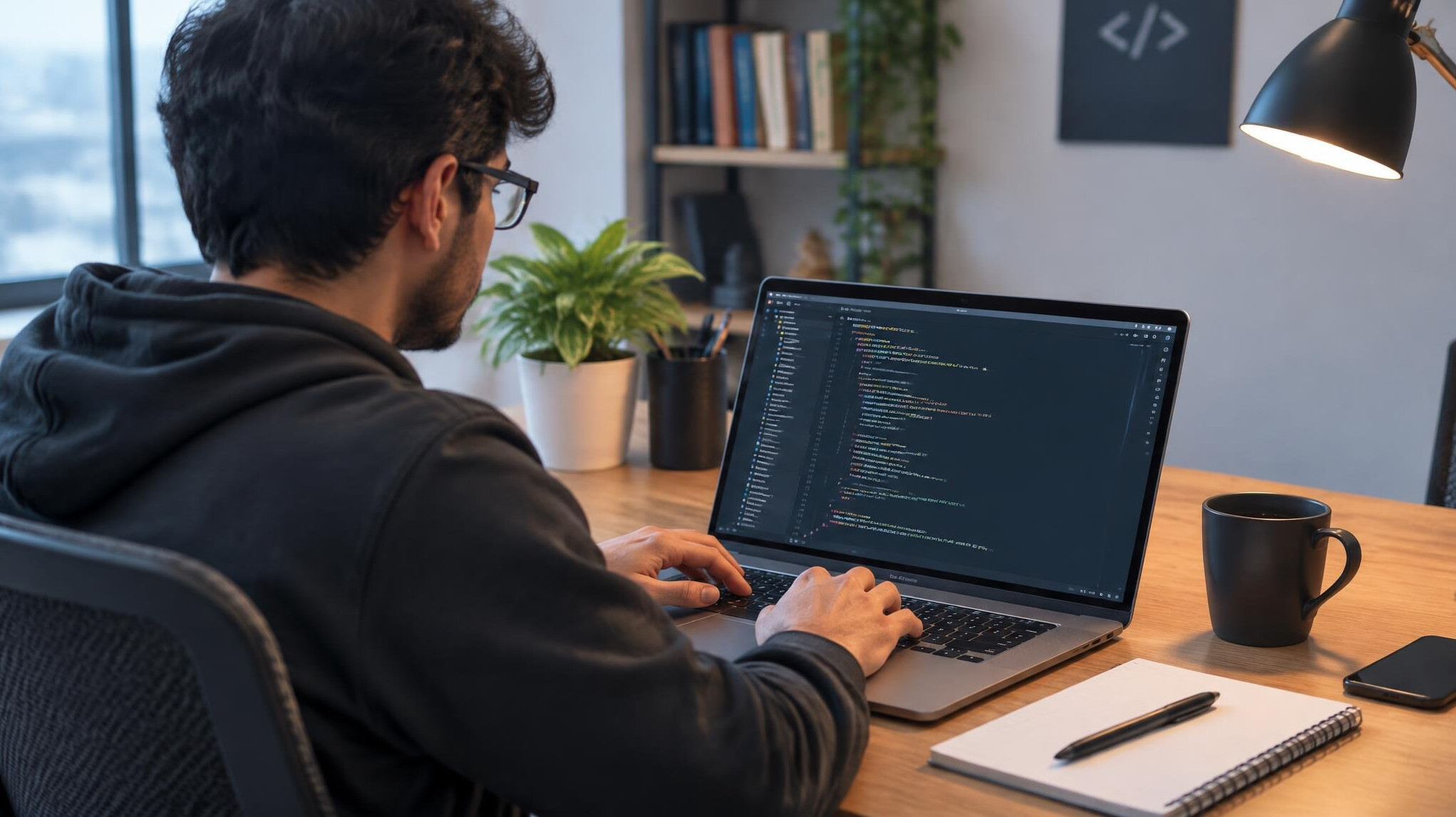 person coding on laptop at desk