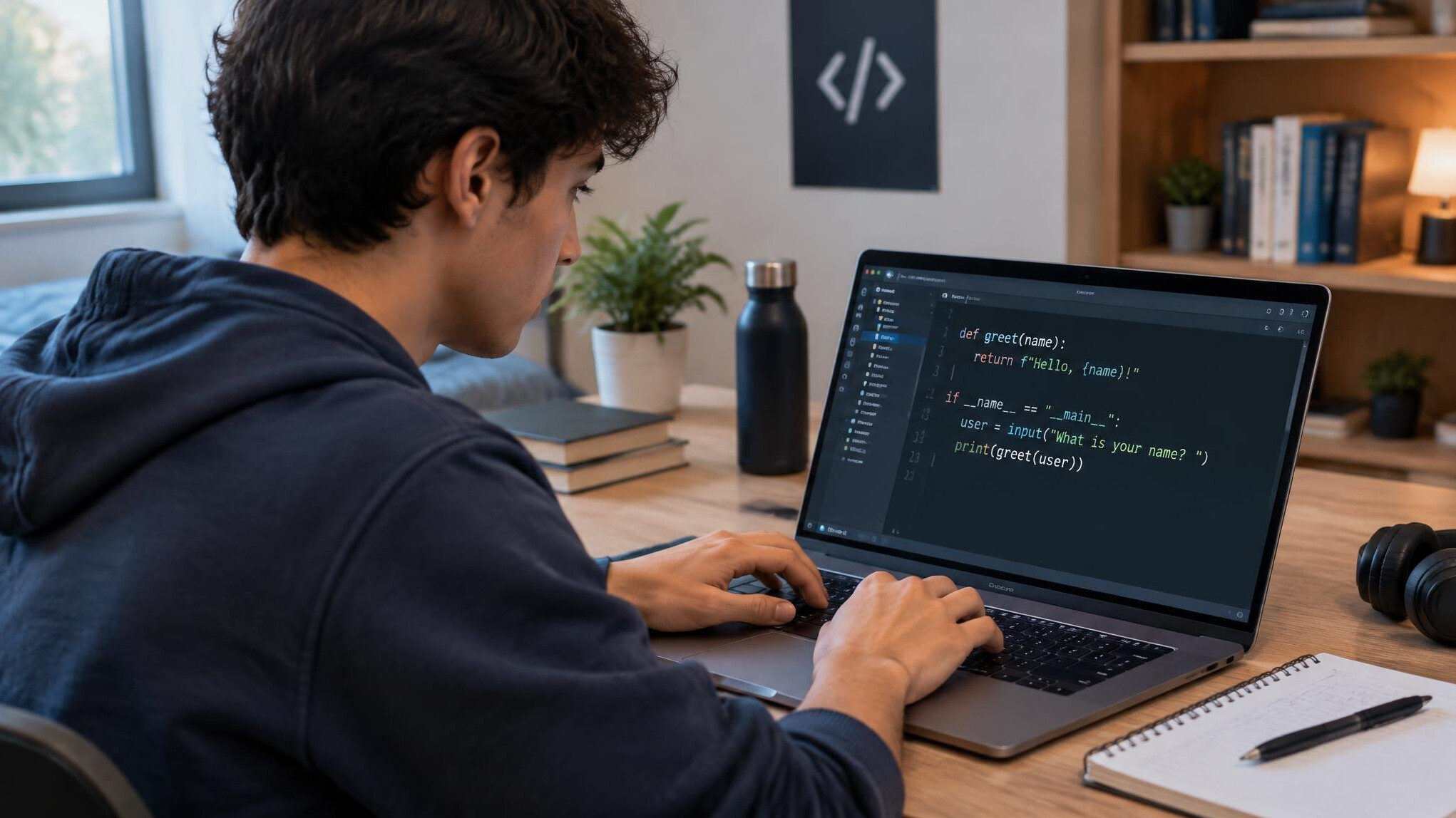 young man learning to code at desk