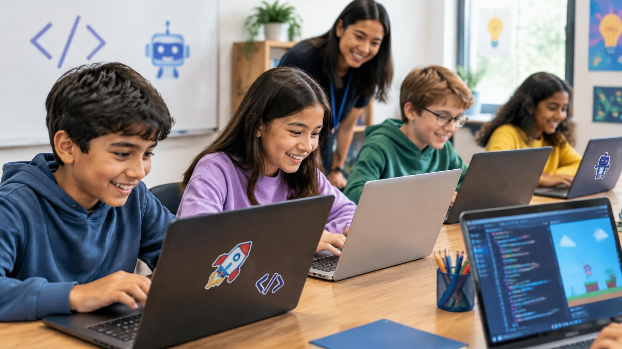 kids coding on laptops
