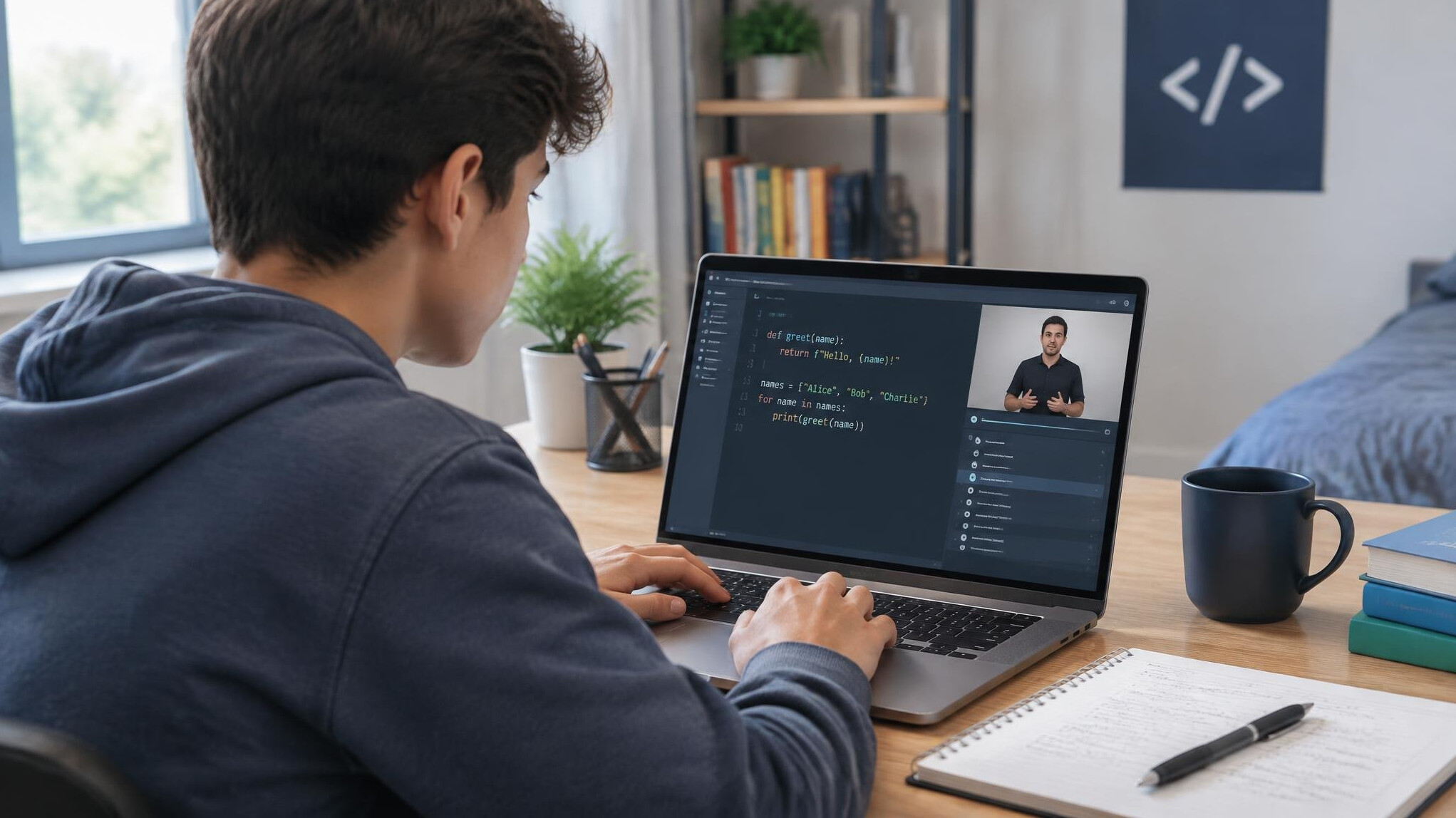 beginner programmer at computer